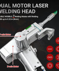 Heavy Duty 1500W Double Wobble Laser Welder Cutting And Cleaning Rig With Auto Wire Feeder showing dual motor welding head.