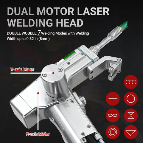Heavy Duty 1500W Double Wobble Laser Welder Cutting And Cleaning Rig With Auto Wire Feeder showing dual motor welding head.