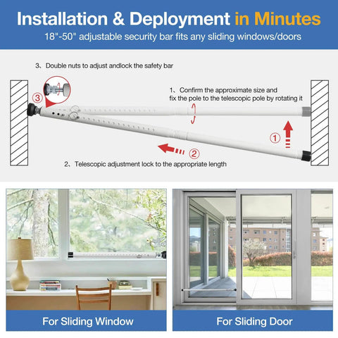 Instructions for Three Pack Sliding Door Security Bar Kit 18 To 50 Inch Adjustable Steel Door Jammer with Rubber Tips. For use on sliding doors and windows.