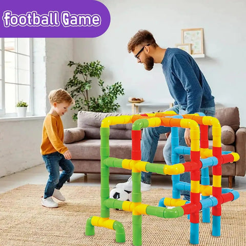 No Fuss Learning 156 Piece Pipe Building Blocks Set, colorful STEM interlocking tubes used in a football game for kids.