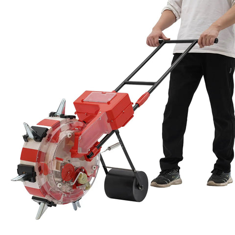 Person using Precise Hand Push Garden Seeder With Seven Nozzles Durable Iron And Plastic Build Includes 8.27L Storage Box For Accurate 1-2 Seeds Per Sowing Ideal For Sweet Corn And Backyard Gardens.
