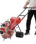 7-Nozzle Hand Push Seeder Row-Ready Workhorse in use, showing 9-inch planting spacing tool, large 8.27 lb hopper, adjustable depth