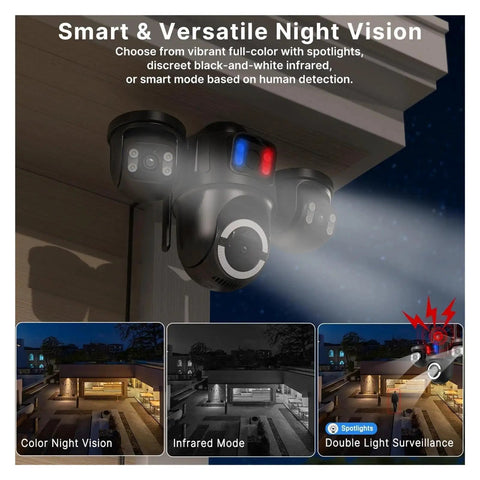 Knockout Quality Outdoors Wireless Security Cam Featuring Sharp AI Human Detection And Crisp 720P HD Video night vision modes and dual spotlight display.