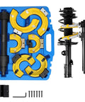 Strut Spring Compressor Kit For MacPherson And Conical Springs With Interchangeable Forks, includes yellow protective sleeves