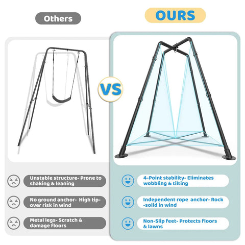 Comparison of outdoor swing sets showing an X-shaped frame on the right with a tent swing and steel construction on the left.