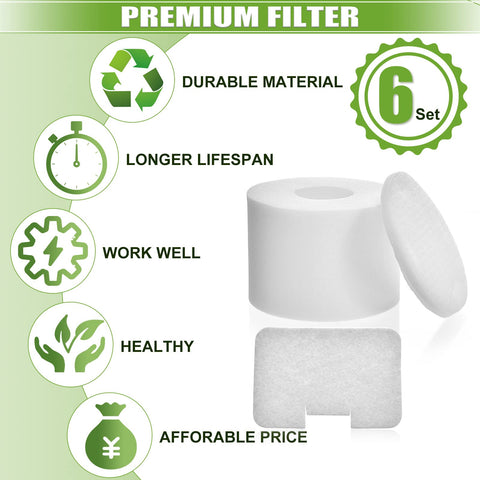 Six Pack Premium Shark Navigator Deluxe Upright Vacuum Filter Replacement Set with six post filters and foam cushion.