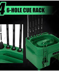 Green 6-hole cue rack for pool cues, highlighted feature. Launch Monitor With Automatic Ball Dispenser And Swing Trainer For Indoor And Outdoor Golf Practice, Hands Free Tee Up, Induction Ball Dispenser, Phone Holder, Game Changing Data Insights For Sharper Swings.