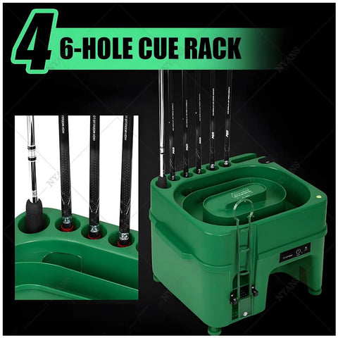 Green 6-hole cue rack for pool cues, highlighted feature. Launch Monitor With Automatic Ball Dispenser And Swing Trainer For Indoor And Outdoor Golf Practice, Hands Free Tee Up, Induction Ball Dispenser, Phone Holder, Game Changing Data Insights For Sharper Swings.