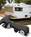 Rugged Heavy Duty Rubber Hood Catch Kit With Stainless Steel Bracket next to a camper, featuring T Handle Latch for vehicles.