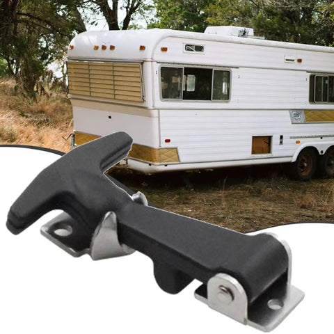 Rugged Heavy Duty Rubber Hood Catch Kit With Stainless Steel Bracket next to a camper, featuring T Handle Latch for vehicles.