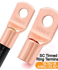 Straight Plug Zero Gauge CCA Battery Cable 40 Foot Spool With Top Shelf Crimp Lugs And Heat Shrink Tubing showing SC tinned ring terminals.