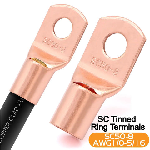 Straight Plug Zero Gauge CCA Battery Cable 40 Foot Spool With Top Shelf Crimp Lugs And Heat Shrink Tubing showing SC tinned ring terminals.