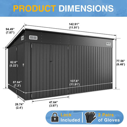 8x12 Outdoor Shed With Lean To And Triple Doors Galvanized Steel Utility Shed dimensions and features.