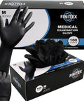 Superior Black Nitrile Gloves 6.3 Mil Thick Rip Resistant Build With Sweet Snug Fit And Killer Grip Solid Choice For Nurses Mechanics Or Household Use Fast Dry Coating Makes Them Easy To Pop On box of 100 medium gloves.