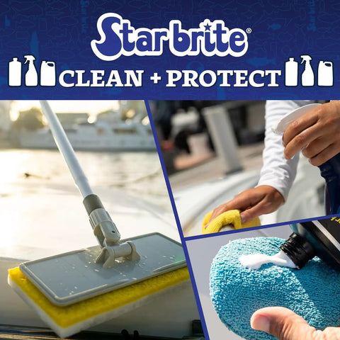 Collage of boat cleaning with Starbrite products, including a mop on deck, hand using a cloth, and liquid application on pad.