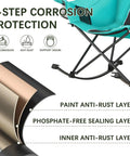 Oversized Rocking Camping Chair with Headrest and Cup Holder 300 lb capacity showing corrosion protection layers.