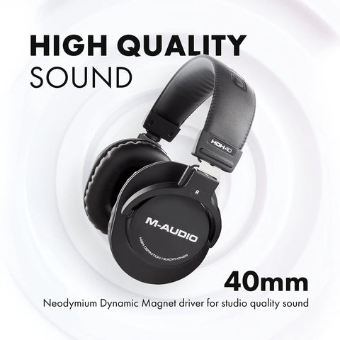 Dope Over Ear Studio Headphones With Closed Back Design, 40mm Neodymium Drivers, shown in black with M-AUDIO branding.