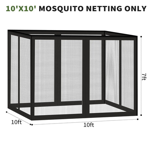 Heavy Duty 10x10 Canopy Mosquito Netting With Zipper Panels, 4-Panel Sidewalls shown on a frame, breathable outdoor patio screen.
