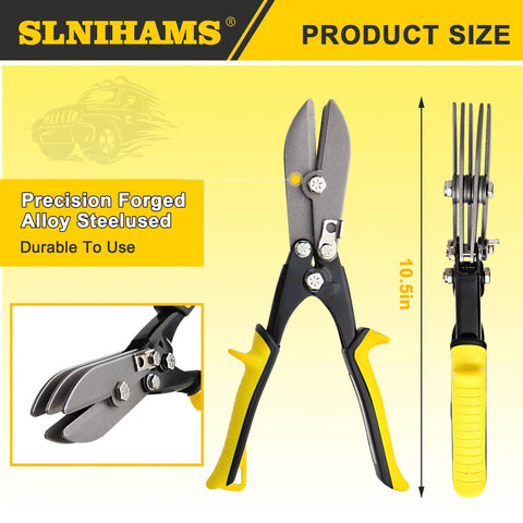 SLNIHAMS 5-blade sheet metal crimper; alloy steel jaws, yellow and black handles, 10.5 in HVAC duct tool.
