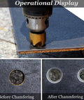 Six-Piece 5-Flute Titanium-Plated Countersink Drill Bit Set in use, 1/4 Inch Hex Shank demonstrating chamfering on metal