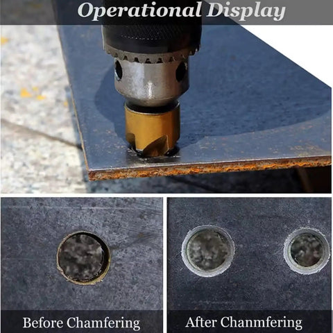 Six-Piece 5-Flute Titanium-Plated Countersink Drill Bit Set in use, 1/4 Inch Hex Shank demonstrating chamfering on metal