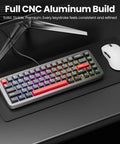 Built Like A Tank Wired 60 Percent Mechanical Gaming Keyboard With Cnc Aluminum Case Gasket Mount Hot Swappable Switches Rich Rgb Lighting And Durable Double Shot Pbt Keycaps For Top Tier Vibes on a desk with a mouse.