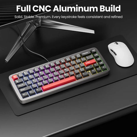 Built Like A Tank Wired 60 Percent Mechanical Gaming Keyboard With Cnc Aluminum Case Gasket Mount Hot Swappable Switches Rich Rgb Lighting And Durable Double Shot Pbt Keycaps For Top Tier Vibes on a desk with a mouse.