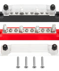 Heavy Duty 150A 12V Bus Bar With Cover, Dual Terminal Block For Car Boat Marine Solar Systems, 4 M6 Studs And 6 M4 Studs, 48V DC Ready, Keeps Wiring Clean And Safe, Black And Red. top and front views