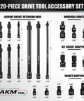 20 Piece Locking Impact Socket Extension Set With Three Inch Six Inch Nine Inch Extension Bars For One Quarter Inch Three Eighth Inch One Half Inch Drive Quick Release Locking Collar Cr V Steel Universal Joints Bit Socket Adapters And Socket Adapters displayed on white background