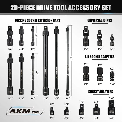 20 Piece Locking Impact Socket Extension Set With Three Inch Six Inch Nine Inch Extension Bars For One Quarter Inch Three Eighth Inch One Half Inch Drive Quick Release Locking Collar Cr V Steel Universal Joints Bit Socket Adapters And Socket Adapters displayed on white background