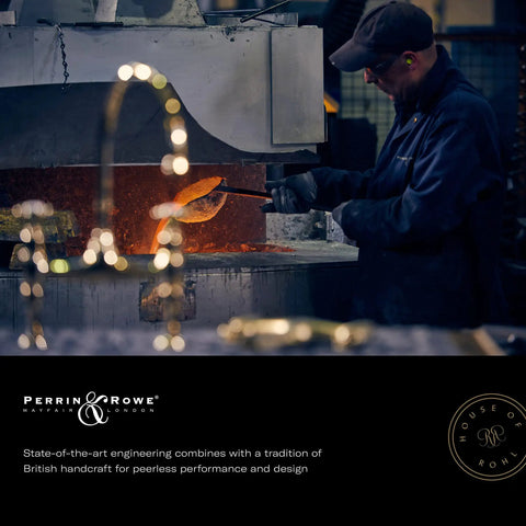 Craftsman working with molten brass, creating Edwardian Widespread Bridge Kitchen Faucet With Side Spray In Pure Unlacquered Brass.