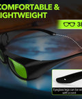Heavy Duty Laser Safety Glasses Delivering Straight Up OD7 Plus Kick Against 800 To 1100 Nm Rays showing lightweight design, 38g, and comfortable fit.