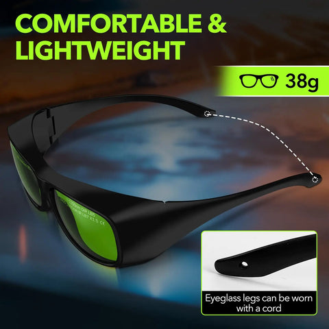 Heavy Duty Laser Safety Glasses Delivering Straight Up OD7 Plus Kick Against 800 To 1100 Nm Rays showing lightweight design, 38g, and comfortable fit.