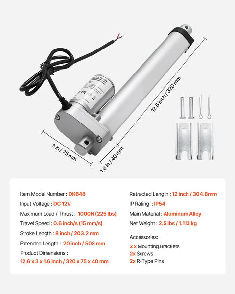 12V Linear Actuator, 8 Inch Stroke, High Speed 0.6 Inches Per Second, 225 Lbs, IP54, shown with mounting accessories