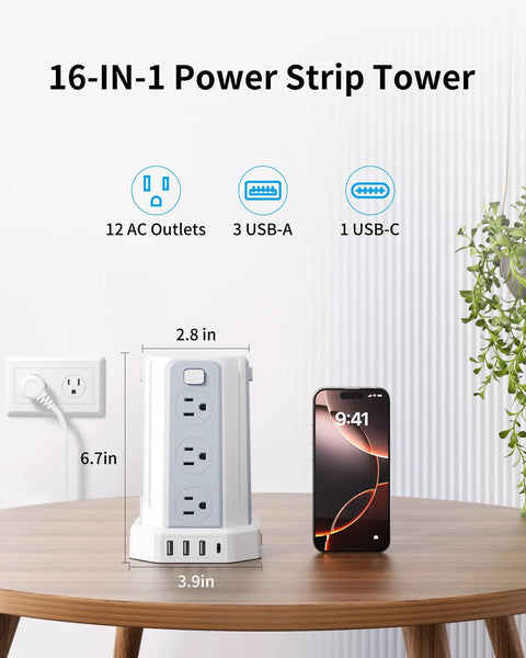 Power Strip Surge Protector Tower With 12 AC Outlets And 4 USB Ports Including USB C, 10 Foot Extension Cord, Desktop Charging Station.