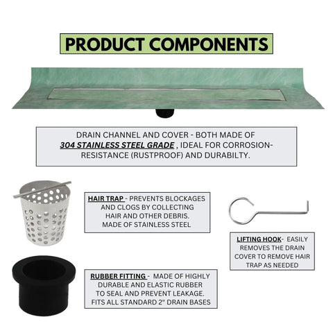 Heavy Duty Linear Shower Drain For Tile Floors Featuring A Slick Brushed Finish And Rock Solid Hair Catcher Grates with stainless steel components.