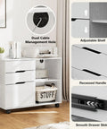 White lateral file cabinet with rolling drawers, adjustable shelf, and dual cable management hole.