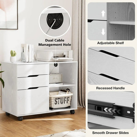 White lateral file cabinet with rolling drawers, adjustable shelf, and dual cable management hole.
