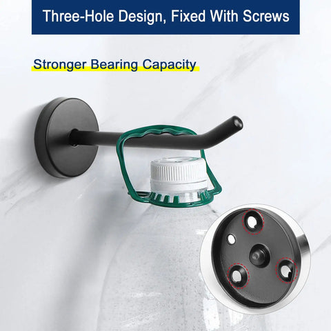 Heavy Duty 304 Stainless Steel Wall Mount Coat Hooks 6 Pack Matte Black Long Nose Design installed on wall with bottle holder