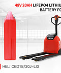 Mboifea 48V 20Ah LiFePO4 Lithium Battery For Heli CBD18J-Li3 Cbd20j-Li3 Electric Pallet Truck Replacement, red battery and pallet jack.