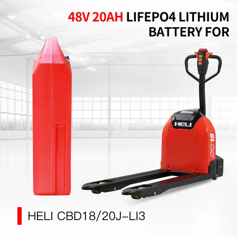 Mboifea 48V 20Ah LiFePO4 Lithium Battery For Heli CBD18J-Li3 Cbd20j-Li3 Electric Pallet Truck Replacement, red battery and pallet jack.