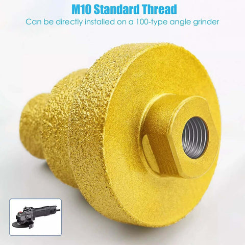 Two gold diamond-brazed M10 step drill bits for angle grinders, for marble/concrete/tile, close-up side view.