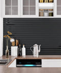 Hella Sleek Black Metallic Stripe Wall Panels With Self Adhesive Backing And Sound Absorbing Foam for kitchen wall decor above countertop.