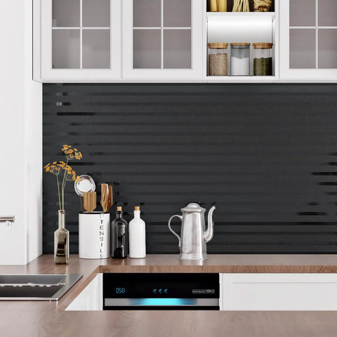 Hella Sleek Black Metallic Stripe Wall Panels With Self Adhesive Backing And Sound Absorbing Foam for kitchen wall decor above countertop.