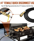 7 Foot RV Propane Hose With Quick Connect And 1 Quarter Inch Safety Shutoff Valve Plus 1 Quarter Inch Male Full Flow Plug Low Pressure Quick Disconnect Elbow Adapter For 17 And 22 Inch Blackstone Griddles Grill Ready Outdoor Setup in use with RV grill.