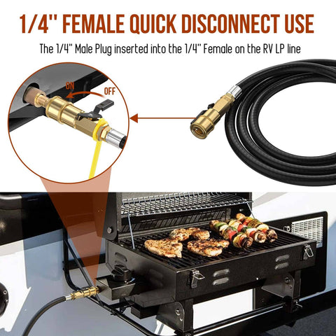 7 Foot RV Propane Hose With Quick Connect And 1 Quarter Inch Safety Shutoff Valve Plus 1 Quarter Inch Male Full Flow Plug Low Pressure Quick Disconnect Elbow Adapter For 17 And 22 Inch Blackstone Griddles Grill Ready Outdoor Setup in use with RV grill.