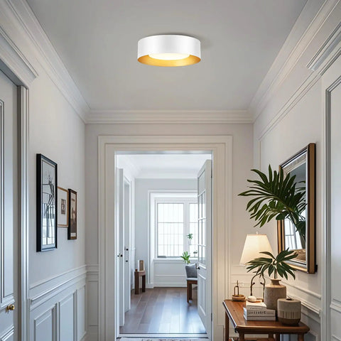 Hallway with Modern Flush Mount Ceiling Light Fixture 12.5 Inch Round Close To Ceiling White And Gold Metal Minimalist Design