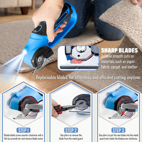 Kickass Cordless Electric Scissors With Glow Led Light Rechargeable Rotary Box Cutter For Thick Cardboard Fabric Fast Snip Zero Hassle Operation Solid Pick For Moving Supplies Craft Room Fix Ups Or Garage Projects That Take Shape Quick, in hand cutting carpet with LED light.