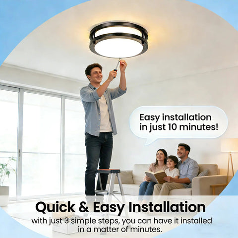Family watching as man installs Ultra Bright 24W LED Ceiling Light Fixture 10 Inch Flush Mount, 5000K in living room.