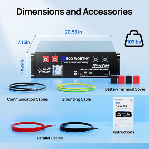 48V 100Ah LiFePO4 Battery With Bluetooth For Solar Storage And Home Backup Power UL1973 Dimensions and Accessories